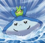  :&lt; black_eyes closed_mouth clouds commentary_request day emphasis_lines gen_4_pokemon gen_5_pokemon imitating lowres mantyke no_humans outdoors pokemoa pokemon pokemon_(creature) sky splashing swadloon water 
