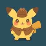  :3 brown_headwear brown_jacket clothed_pokemon commentary deerstalker detective_pikachu detective_pikachu_(character) full_body gen_1_pokemon green_background hat hatted_pokemon jacket no_humans open_mouth pikachu pokemon pokemon_(creature) rizu_(rizunm) simple_background solo standing twitter_username 