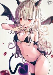  1girl akino_ell bare_shoulders bikini black_bikini blurry breasts cowboy_shot demon_girl demon_horns demon_tail demon_wings depth_of_field detached_collar finger_to_mouth front-tie_bikini front-tie_top groin halterneck highres horns long_hair looking_at_viewer navel original pointy_ears red_eyes silver_hair small_breasts solo stomach string_bikini swimsuit tail thighs tongue tongue_out vampire wavy_hair wings 