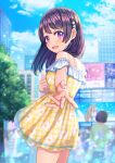  1girl bare_shoulders black_hair blush bobby_pin breasts building city dress hair_ornament highres long_hair looking_at_viewer looking_to_the_side medium_breasts medium_hair multicolored_hair open_mouth original pinafore_dress pink_eyes sidelocks sky skyscraper solo soramame_tomu standing sundress thighs yellow_dress 