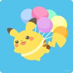 :3 :d balloon blue_background commentary_request floating flying_pikachu full_body gen_1_pokemon hands_up happy no_humans open_mouth pikachu pokemon pokemon_(creature) rizu_(rizunm) simple_background smile solo twitter_username 