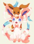  blue_eyes brown_eyes brown_fur commentary_request eevee eye_contact fangs fur gen_1_pokemon gen_6_pokemon hideko_(l33l3b) looking_at_another mouth_hold no_humans open_mouth paws pokemon pokemon_(creature) sylveon tongue 