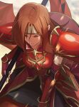  1girl a_(user_vtsy8742) altena_(fire_emblem) armor breastplate brown_eyes brown_hair closed_mouth elbow_gloves fingerless_gloves fire_emblem fire_emblem:_genealogy_of_the_holy_war gloves headband holding holding_weapon long_hair looking_down red_armor riding shoulder_armor weapon 