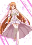 1girl :d asuna_(stacia) boots bracelet breastplate brown_eyes brown_hair character_name detached_collar dress floating_hair full_body gloves highres jewelry ken-ji long_hair long_sleeves open_mouth shiny shiny_hair short_dress smile solo standing sword_art_online sword_art_online:_alicization thigh-highs thigh_boots very_long_hair white_background white_dress white_feathers white_footwear white_gloves white_legwear 