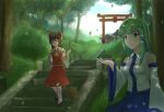  2girls ankle_socks arm_up black_footwear blue_skirt blue_sky broom brown_eyes brown_hair clouds cravat dappled_sunlight day detached_sleeves doge_(jkdoge) expressionless falling_leaves frog_hair_ornament green_eyes green_hair hair_ornament hair_ribbon hair_tubes hakurei_reimu hand_on_hip holding holding_broom kochiya_sanae leaf long_hair looking_at_another looking_to_the_side mary_janes multiple_girls outdoors red_skirt red_vest ribbon ribbon-trimmed_sleeves ribbon_trim shoes shrine sidelocks single_sidelock sitting skirt sky smile snake_hair_ornament stairs standing stone_stairs sunlight torii touhou tree vest white_legwear white_vest wide_sleeves yellow_neckwear 