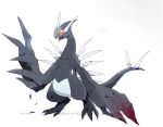  commentary fang full_body gen_2_pokemon legendary_pokemon lugia no_humans open_mouth orange_sclera pokemon pokemon_(creature) shadow_lugia skin_fang solo standing tail tongue tongue_out white_background ytot_335 