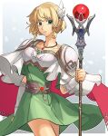  1girl a_(user_vtsy8742) armor blonde_hair capelet dress fire_emblem fire_emblem:_genealogy_of_the_holy_war fire_emblem:_thracia_776 green_eyes hair_ornament highres holding holding_staff jewelry nanna_(fire_emblem) necklace short_hair shoulder_armor simple_background solo solo_focus staff 