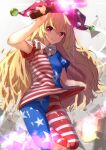  1girl absurdres american_flag_dress american_flag_legwear blonde_hair closed_mouth clownpiece commentary_request eyebrows_visible_through_hair hand_up hat highres jester_cap long_hair neck_ruff red_eyes rei_(farta_litia) short_sleeves smile solo star_(symbol) striped striped_legwear torch touhou 