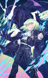  1boy black_gloves black_jacket blonde_hair cravat earrings gloves green_hair half_gloves highres jacket jewelry lio_fotia male_focus promare shichigatsu solo violet_eyes 