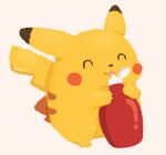  :3 ^_^ bottle closed_eyes commentary_request full_body gen_1_pokemon happy holding holding_bottle ketchup ketchup_bottle licking no_humans pikachu pokemon pokemon_(creature) rizu_(rizunm) simple_background solo standing tongue tongue_out twitter_username 
