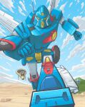  1boy clenched_hand clouds day desert dome glint hover_vehicle jiron_amos landship mecha outdoors sentou_mecha_xabungle spoonyliger xabungle_(mecha) 