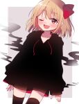  1girl :d alternate_costume black_jacket black_legwear blonde_hair collarbone hood hooded_jacket jacket long_sleeves looking_at_viewer one_eye_closed open_mouth red_eyes retota rumia sharp_teeth short_hair smile solo teeth thigh-highs touhou upper_teeth 