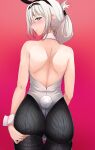  1girl absurdres aderi an-94_(girls_frontline) animal_ears ass back back-seamed_legwear black_legwear blue_eyes blush bunny_tail folded_ponytail girls_frontline hairband highres looking_back pantyhose platinum_blonde_hair playboy_bunny rabbit_ears seamed_legwear tail wrist_cuffs 