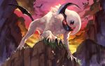  absol bird claws closed_mouth commentary_request gen_3_pokemon glowing glowing_eyes grass highres looking_at_viewer no_humans outdoors pokemon pokemon_(creature) red_eyes rock solo tapioka_chaso twilight white_fur 