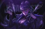  1girl business_suit claws crownsforkings dark demon_girl earrings evelynn_(league_of_legends) evil_grin evil_smile formal glasses glowing glowing_eyes grin highres hoop_earrings jewelry league_of_legends lipstick long_hair long_sleeves looking_at_viewer makeup necklace purple_hair smile solo suit the_baddest_evelynn yellow_eyes 