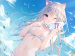 1girl ;o animal_ears bangs bare_arms bare_shoulders bikini bird blue_sky blush bottle breasts cat_ears cat_girl cat_tail clouds collarbone day dutch_angle eyebrows_visible_through_hair front-tie_bikini front-tie_top grey_hair halterneck hands_up highres holding long_hair looking_at_viewer mafuyu_(chibi21) navel non-web_source ocean one_eye_closed open_mouth original outdoors seagull side-tie_bikini sky small_breasts solo string_bikini sunlight swimsuit tail tail_raised upper_body violet_eyes water water_bottle water_drop white_bikini 