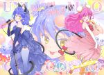  3girls :d animal_ear_fluff animal_ears backless_dress backless_outfit blue_dress blue_gloves blue_hair blue_legwear bow bowtie breasts bun_cover cat_ears cat_tail copyright_name double_bun dress earrings elbow_gloves floating_hair frilled_dress frills from_side gloves hair_ribbon happy_birthday high_heels highres holding holding_microphone jewelry long_hair looking_at_viewer mao_(precure) medium_breasts microphone microphone_stand multiple_girls open_mouth pink_bow pink_dress pink_hair polka_dot polka_dot_legwear precure pumps red_bow red_neckwear ribbon shoe_bow shoes short_dress sleeveless sleeveless_dress smile standing star_twinkle_precure strapless strapless_dress striped striped_ribbon tail thigh-highs tongue tongue_out tuqi_pix very_long_hair white_footwear white_gloves yellow_eyes yellow_legwear yuni_(precure) 