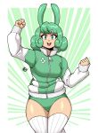  +_+ 1girl arm_up bloomers blush commission green_eyes green_hair green_jacket hair_ornament hairclip highres jacket long_sleeves looking_at_viewer messy_hair open_mouth original short_hair smile solo taggo thigh-highs track_jacket underwear upper_teeth white_legwear zipper zipper_pull_tab 