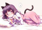  1girl animal_ears bespectacled black_hair cat_ears cat_tail commentary_request cowboy_shot dress frilled_dress frills glasses gokou_ruri herunin long_hair lying mole mole_under_eye on_side ore_no_imouto_ga_konna_ni_kawaii_wake_ga_nai pillow pink_dress red-framed_eyewear simple_background solo tail translated violet_eyes white_background 