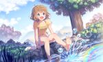  1girl :d ahoge bare_legs barefoot blouse blue_eyes brown_hair commentary_request day dutch_angle highres idolmaster idolmaster_million_live! kagami_(galgamesion) open_mouth outdoors plant short_hair short_sleeves shorts sitting smile solo splashing suou_momoko tree white_shorts yellow_blouse 