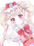  1girl aisaki_emiru bangs blonde_hair blunt_bangs blush bow cure_macherie dress eyebrows_visible_through_hair gloves hanataro_(sruvhqkehy1zied) hugtto!_precure long_hair looking_at_viewer pink_dress precure puffy_short_sleeves puffy_sleeves red_bow red_eyes short_sleeves simple_background smile solo twintails upper_body w white_background white_gloves 