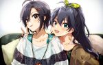  2girls :d anaroguya antenna_hair bangs black_eyes black_hair blue_eyes brown_shirt commentary couch earrings eyebrows_visible_through_hair fang ganaha_hibiki green_ribbon hair_ornament hair_ribbon hairclip hoop_earrings idolmaster idolmaster_(classic) jewelry kikuchi_makoto long_hair looking_at_viewer multiple_girls necklace off-shoulder_shirt off_shoulder on_couch open_mouth polka_dot polka_dot_shirt ponytail ribbon shirt short_hair side-by-side skin_fang smile sparkle swept_bangs v-shaped_eyebrows white_shirt 