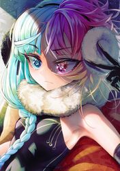  1girl aqua_hair asymmetrical_hair bangs bare_shoulders black_gloves black_shirt blue_eyes blue_hair braid breasts closed_mouth cluseller commentary_request covered_navel cushion earmuffs elbow_gloves eyebrows_visible_through_hair fur-trimmed_shirt fur_trim gloves gradient_hair hand_up heterochromia highres light_particles long_hair multicolored multicolored_eyes multicolored_hair orange_hair original pink_eyes purple_hair raised_eyebrow red_eyes redhead shiny shiny_hair shirt sideboob single_braid sleeveless sleeveless_shirt small_breasts solo tied_hair upper_body 