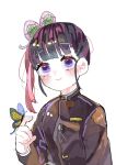  1girl bangs black_hair black_jacket blunt_bangs blush bug butterfly butterfly_hair_ornament butterfly_on_finger eyebrows_visible_through_hair hair_ornament hanataro_(sruvhqkehy1zied) insect jacket kimetsu_no_yaiba long_sleeves simplified_chinese_text smile solo tsuyuri_kanao violet_eyes white_background 