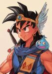  1boy abel_(dq) bare_shoulders black_eyes black_hair blue_scarf cape crown dragon_quest dragon_quest_yuusha_abel_densetsu earrings hankuri helmet hankuri jewelry looking_at_viewer muscle on_shoulder scarf shirt slime_(dragon_quest) smile spiky_hair sword toriyama_akira_(style) weapon winged_helmet 