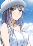  1girl absurdres artist_name bangs bird blue_eyes blue_sky blush casual closed_mouth clouds cloudy_sky commentary dated day dixie_cup_hat dress flint_(girls_und_panzer) frown girls_und_panzer half-closed_eyes hat highres long_hair looking_at_viewer military_hat outdoors seagull silver_hair sky solo sundress sweat sweatdrop tonan_leopard upper_body white_dress white_headwear 