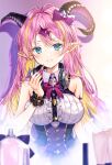  1girl absurdres aqua_eyes asymmetrical_horns bare_shoulders blonde_hair blush bow breasts demon_horns eyebrows_visible_through_hair hair_between_eyes hair_ornament headphones headphones_around_neck highres holding hololive horns long_hair looking_at_viewer mano_aloe multicolored_hair myusha parted_lips pink_hair pointy_ears sleeveless smile solo two-tone_hair virtual_youtuber 