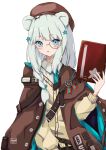  1girl animal_ears arknights bangs bear_ears beret blue_eyes blue_neckwear blush book braid brown_cape brown_headwear cape cardigan commentary_request eyebrows_visible_through_hair hair_ornament hand_up hat hayashi_maka highres holding holding_book istina_(arknights) long_hair long_sleeves looking_at_viewer monocle necktie parted_lips partial_commentary silver_hair simple_background single_braid solo star_(symbol) star_hair_ornament upper_body white_background 