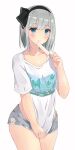  1girl alternate_costume bangs black_hairband bug butterfly closed_mouth collarbone eyebrows_visible_through_hair food green_eyes grey_hair grey_shorts hairband highres insect konpaku_youmu looking_at_viewer loungewear popsicle sakuramochi_usa shirt shirt_hold short_hair short_sleeves shorts simple_background smile solo t-shirt tongue tongue_out touhou white_background white_shirt 