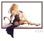  1girl alternate_costume animal_ears arknights arm_support bangs bare_shoulders black_dress black_footwear blonde_hair character_name commentary_request cup dress drinking_glass high_heels highres holding holding_cup knee_up lion_ears lion_tail long_hair looking_at_viewer moyu_marginal one_eye_closed siege_(arknights) solo tail thigh_strap thighs white_background wine_glass yellow_eyes 