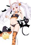  1girl :o absurdres animal_ears azur_lane balloon bandaged_leg bandages bangs bare_arms bare_shoulders bat bikini black_bikini black_headwear blush blush_stickers claw_pose collarbone eyebrows_visible_through_hair fang feet_out_of_frame flat_chest food_themed_hair_ornament frilled_bikini frills hair_ornament hands_up hat highres laffey_(azur_lane) long_hair looking_at_viewer manjuu_(azur_lane) mismatched_legwear open_mouth orange_legwear print_bikini print_legwear pumpkin_hair_ornament pumpkin_print rabbit_ears red_eyes silver_hair simple_background single_thighhigh standing star_(symbol) star_print swimsuit tail thigh-highs tming twintails v-shaped_eyebrows white_background witch_hat 