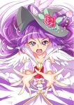  1girl bangs chocokin collarbone cure_magical detached_sleeves earrings floating_hair flower grey_headwear hair_flower hair_ornament hat jewelry long_hair long_sleeves looking_at_viewer mahou_girls_precure! open_mouth pink_flower pink_rose precure purple_hair rose shiny shiny_hair solo star_(symbol) v-shaped_eyebrows very_long_hair violet_eyes white_background white_sleeves witch_hat 