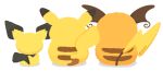  commentary facing_away from_behind gen_1_pokemon gen_2_pokemon no_humans pichu pikachu pokemon pokemon_(creature) raichu rizu_(rizunm) side-by-side simple_background standing twitter_username white_background 