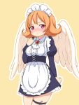  1girl angel_wings apron ascot blush brooch closed_mouth cowboy_shot dot_nose dress feathered_wings hand_up ishuzoku_reviewers jewelry juliet_sleeves kixyuresu long_sleeves looking_at_viewer maid maid_apron maid_headdress medium_hair meidri nose_blush orange_hair outline pen puffy_sleeves purple_dress red_eyes simple_background solo thigh_strap waist_apron white_neckwear white_outline white_wings wings yellow_background 