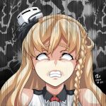  1girl angry black_legwear blank_eyes blonde_hair braid clenched_teeth commentary_request french_braid hat highres kantai_collection long_hair mini_hat solo teeth thick_eyebrows tilted_headwear tk8d32 upper_body wavy_hair white_headwear zara_(kantai_collection) 