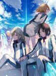  blue_eyes blue_sky brown_eyes brown_hair clouds hatutaro leaning_forward makabe_kazuki mecha minashiro_soushi outdoors sitting sky soukyuu_no_fafner toomi_maya uniform 