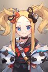  abigail_williams_(fate/grand_order) black_bow blonde_hair blue_eyes bow breasts cosplay fate/grand_order fate_(series) forehead highres long_hair miya_(miyaruta) multiple_bows orange_bow sei_shounagon_(fate) sei_shounagon_(fate)_(cosplay) sidelocks small_breasts smile twintails 