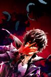  1boy amamiya_ren bangs black_hair black_jacket blood blood_on_face feathers gloves hair_between_eyes jacket long_sleeves male_focus open_mouth persona persona_5 red_gloves signature smile solo yuu_(isis7796) 