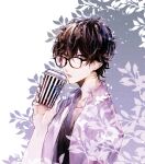 1boy amamiya_ren bangs black-framed_eyewear black_hair cup disposable_cup glasses grey_eyes hair_between_eyes holding holding_cup male_focus open_mouth persona persona_5 shirt simple_background solo sweat two-tone_background upper_body white_shirt yuu_(isis7796) 