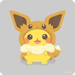  :3 :d cosplay eevee eevee_(cosplay) eevee_ears full_body gen_1_pokemon grey_background happy looking_at_viewer no_humans open_mouth pikachu pokemon pokemon_(creature) rizu_(rizunm) simple_background smile solo standing twitter_username 