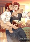  2boys alternate_costume arm_around_shoulder bara beard black_vest book bookshelf brown_hair chest collarbone collared_shirt couch couple face-to-face facial_hair fate/grand_order fate/zero fate_(series) feet_out_of_frame formal goatee grin holding holding_book hug hug_from_behind iskandar_(fate) kienbiu leg_up library looking_at_another male_focus multiple_boys muscle napoleon_bonaparte_(fate/grand_order) open_clothes open_shirt pants raised_eyebrow red_eyes redhead shirt short_hair sideburns sleeves_rolled_up smile t-shirt thick_thighs thighs tight tight_pants vest white_shirt 