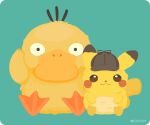  :3 arms_up closed_mouth commentary deerstalker detective_pikachu detective_pikachu_(character) detective_pikachu_(movie) gen_1_pokemon green_background grey_headwear hat hatted_pokemon looking_at_viewer no_humans pikachu pokemon pokemon_(creature) psyduck rizu_(rizunm) side-by-side simple_background sitting twitter_username 