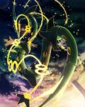  black_sclera building commentary_request from_below gen_3_pokemon glowing highres karamimame legendary_pokemon looking_back mega_pokemon mega_rayquaza no_humans outdoors pink_eyes pokemon pokemon_(creature) rayquaza sky solo star_(sky) tower 
