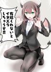  1girl bangs black_legwear blazer brown_hair claw_pose collared_shirt demon_horns demon_tail demon_wings fine_fabric_emphasis green_eyes highres horns jacket kneeling long_hair long_sleeves ol-chan_(oouso) oouso open_mouth original panties panties_under_pantyhose pantyhose pantyshot pencil_skirt shirt sidelocks skirt solo tail thighband_pantyhose underwear white_shirt wings 