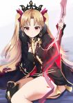  1girl absurdres artist_request asymmetrical_legwear bangs black_dress blonde_hair blush breasts cape dress earrings ereshkigal_(fate/grand_order) fate/grand_order fate_(series) gold_trim highres hood hooded_cape hoop_earrings huge_filesize infinity jewelry long_hair looking_at_viewer medium_breasts meslamtaea_(weapon) parted_bangs polearm short_dress single_thighhigh sitting skull spear spine thigh-highs thighs tiara two_side_up weapon 