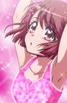  1girl armpits arms_up bangs brown_eyes brown_hair collarbone eyebrows_visible_through_hair floating_hair flower hair_between_eyes hair_flower hair_ornament hairclip hanadera_nodoka healin&#039;_good_precure henshin open_mouth pink_background pink_shirt precure shiny shiny_hair shirt short_hair sleeveless sleeveless_shirt solo sparkle tj-type1 upper_body 